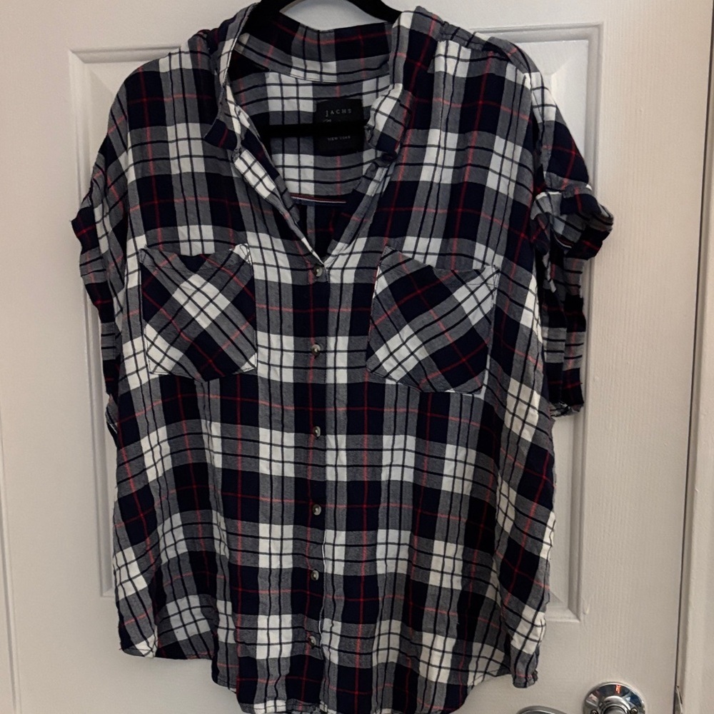 JACHS Girlfriend Navy, White & Red Plaid Shirt